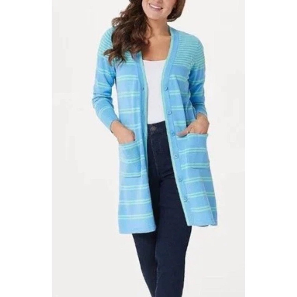 NWOT Isaac Mizrahi Live 3X Periwinkle Long Striped Cardigan Cotton Blend Pockets